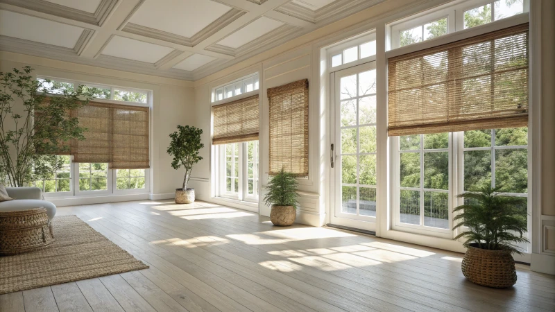 A bright living room with wood woven blinds and green plants.