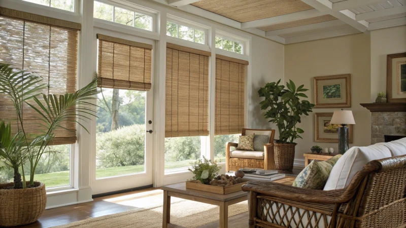 A bright living room with wood woven blinds and natural light