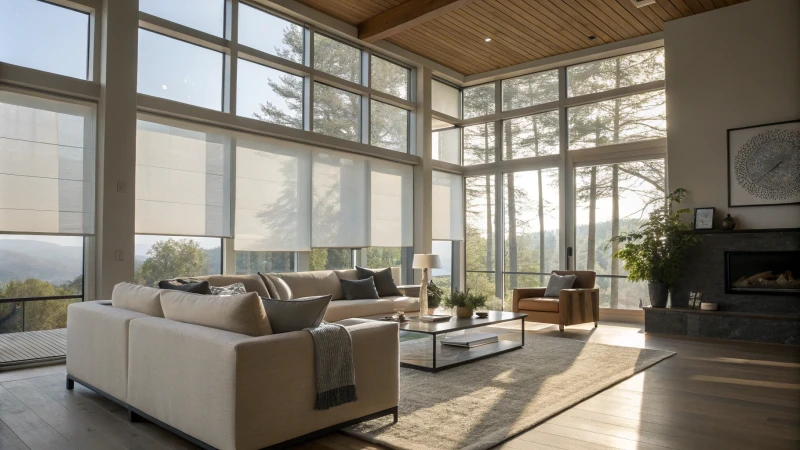 Modern living room with sunlight and motorized shades