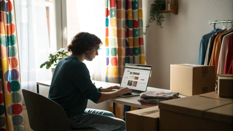 A person at a desk browsing an online store for curtains