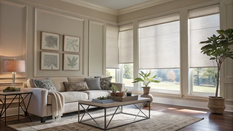 Elegant modern living room with motorized window shades