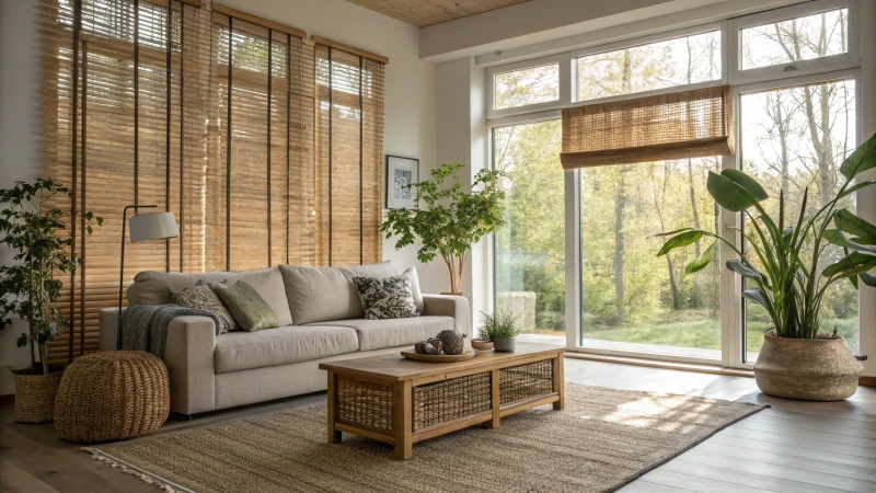 A bright modern living room with large windows and wooden blinds