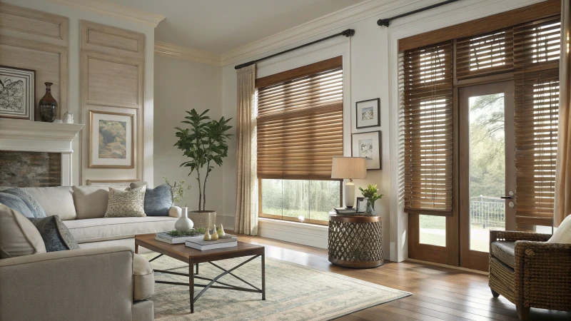 A modern living room with elegant wooden Venetian blinds and contemporary decor