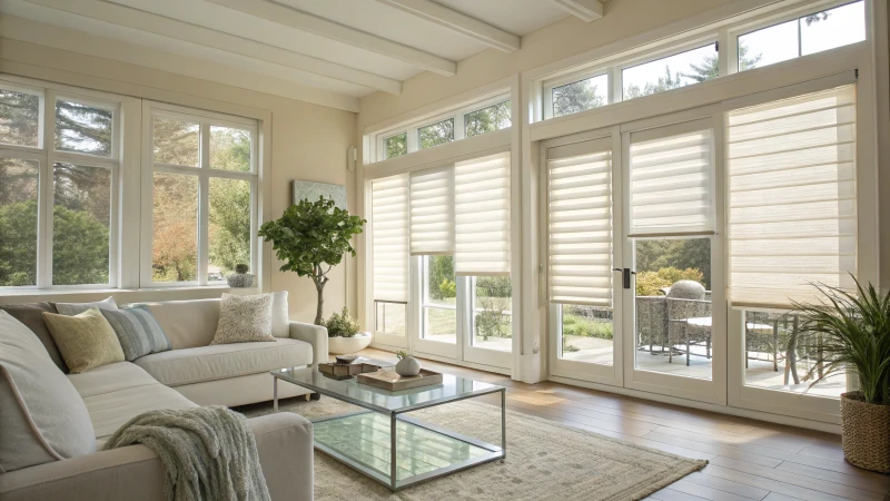 Modern living room with large windows and Veri Blinds