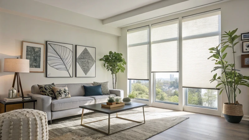 A modern living room with motorized window shades partially open, letting in soft sunlight.