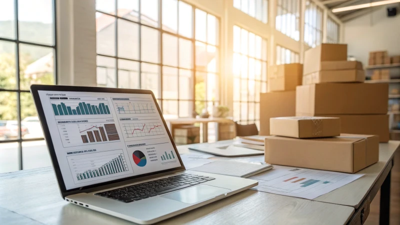 Professional analyzing shipping logistics data on a laptop