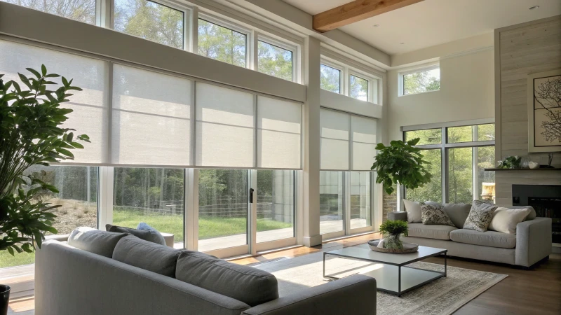 Modern living room with large windows and motorized shades