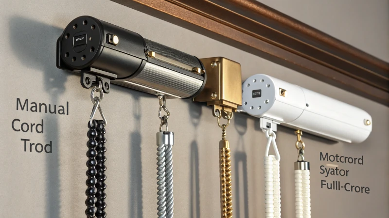 Illustration of different curtain drive mechanisms including manual, motorized, and chain-driven systems