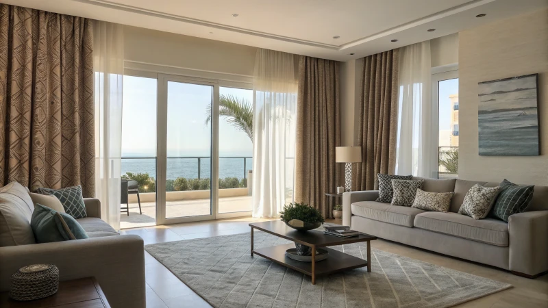 A modern living room with motorized curtains and contemporary furniture