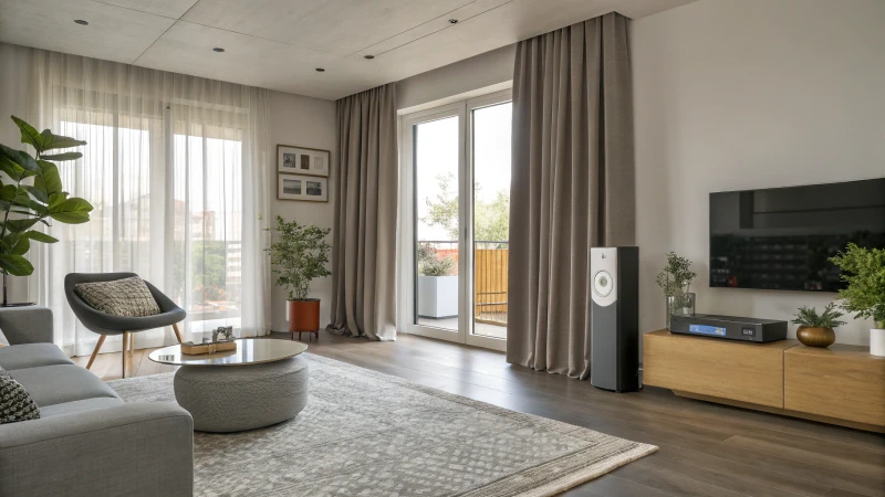 A modern living room with motorized curtains and contemporary furniture.