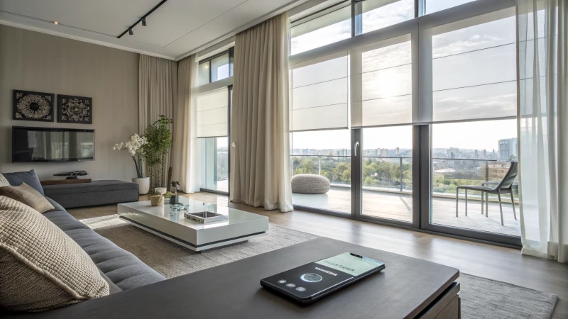 Modern living room with large windows and motorized curtains